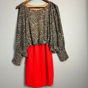 THML Artist Reception Blouson Dress Animal Print Split SL Red Mini Dress‎ Size M